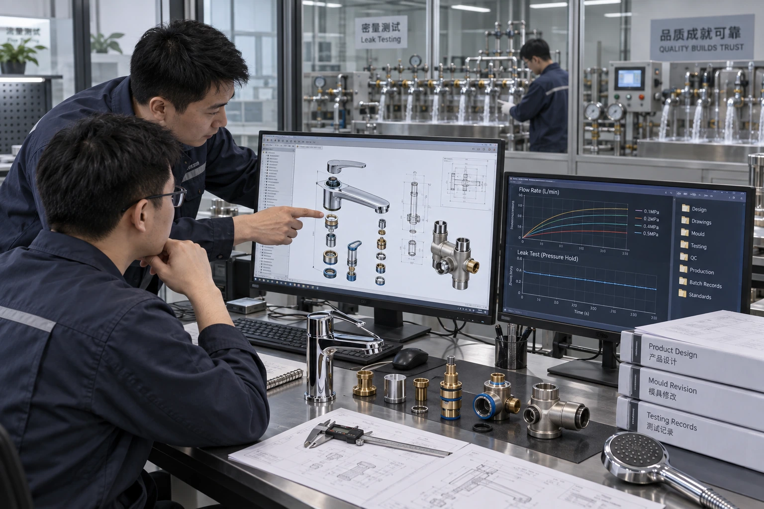 水暖厨卫产品设计、模具图纸与流量密封测试记录管理场景