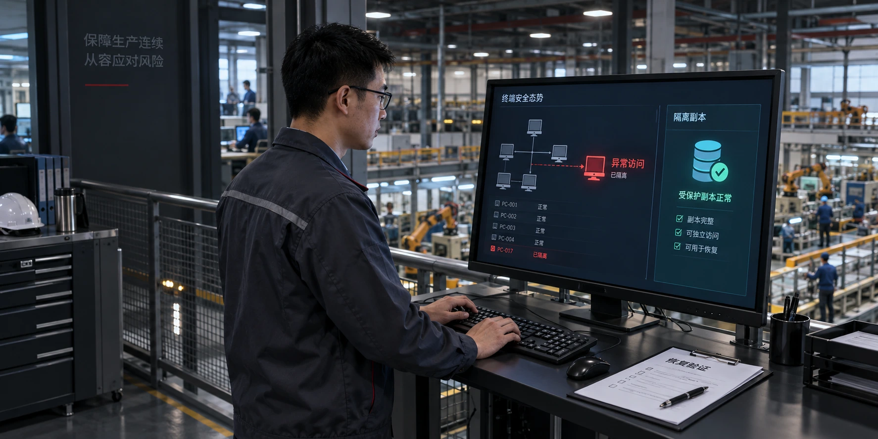 安全工程师隔离异常终端、检查独立副本并准备业务恢复的防勒索处置场景