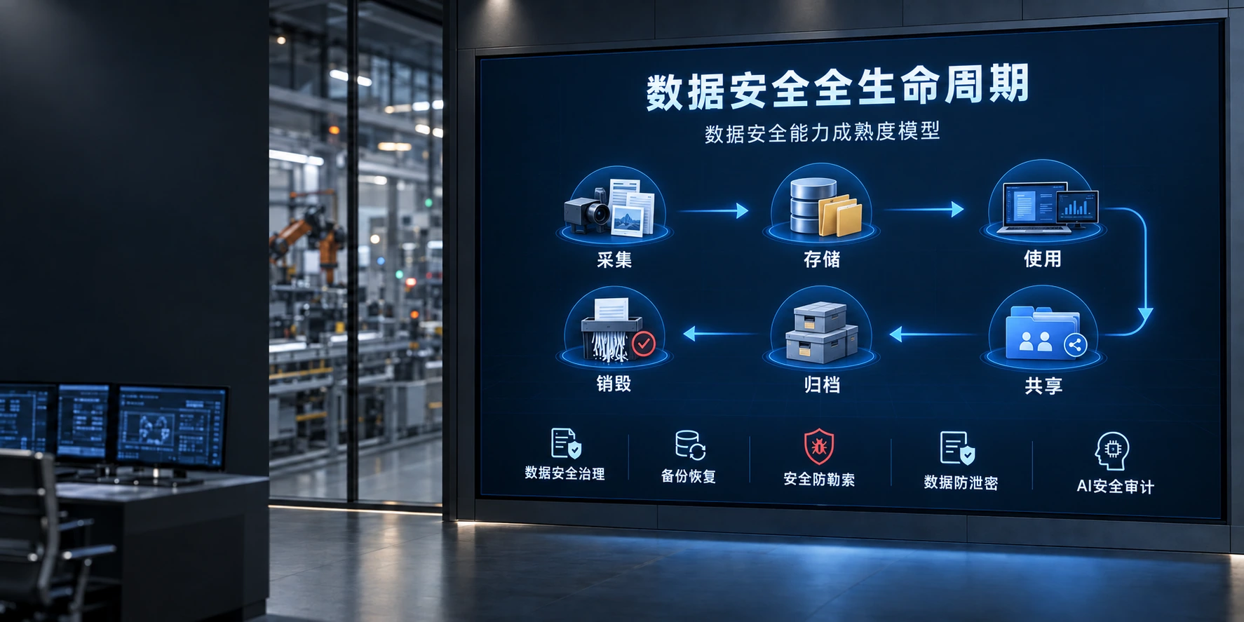 数据安全全生命周期,以数据安全能力成熟度模型组织采集、存储、使用、共享、归档与销毁;数据安全治理、备份恢复、安全防勒索、数据防泄密、AI安全审计贯穿各阶段