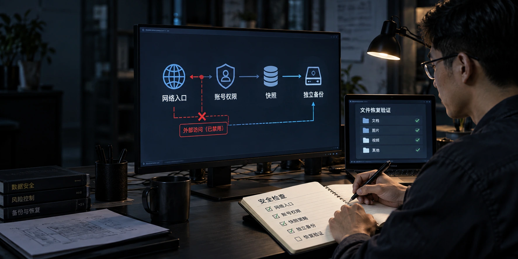 核对 NAS 暴露面、快照权限与独立备份,验证异常后的恢复路径